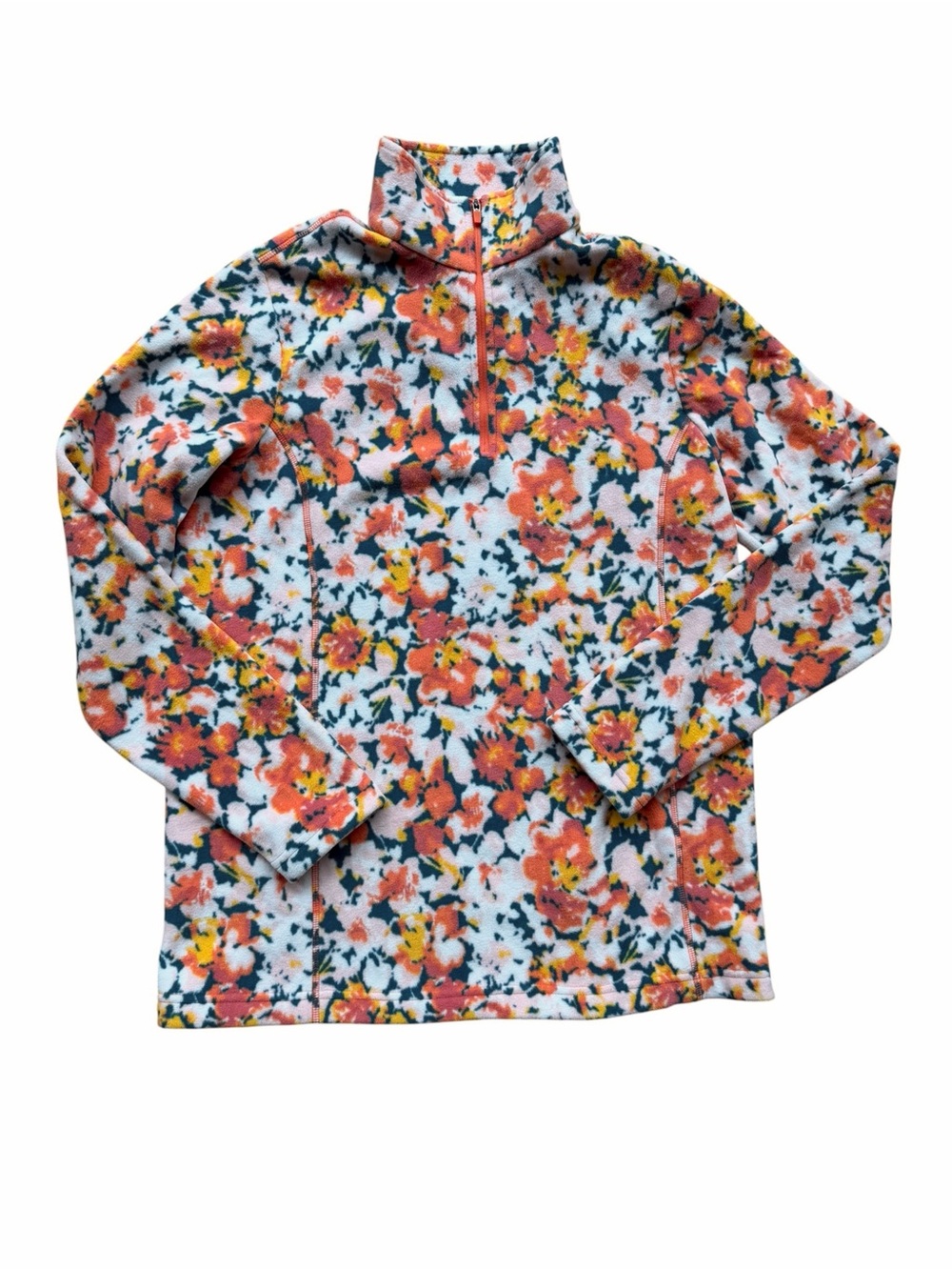 Lands’ End Orange Floral Quarter Zip Fleece Pullover